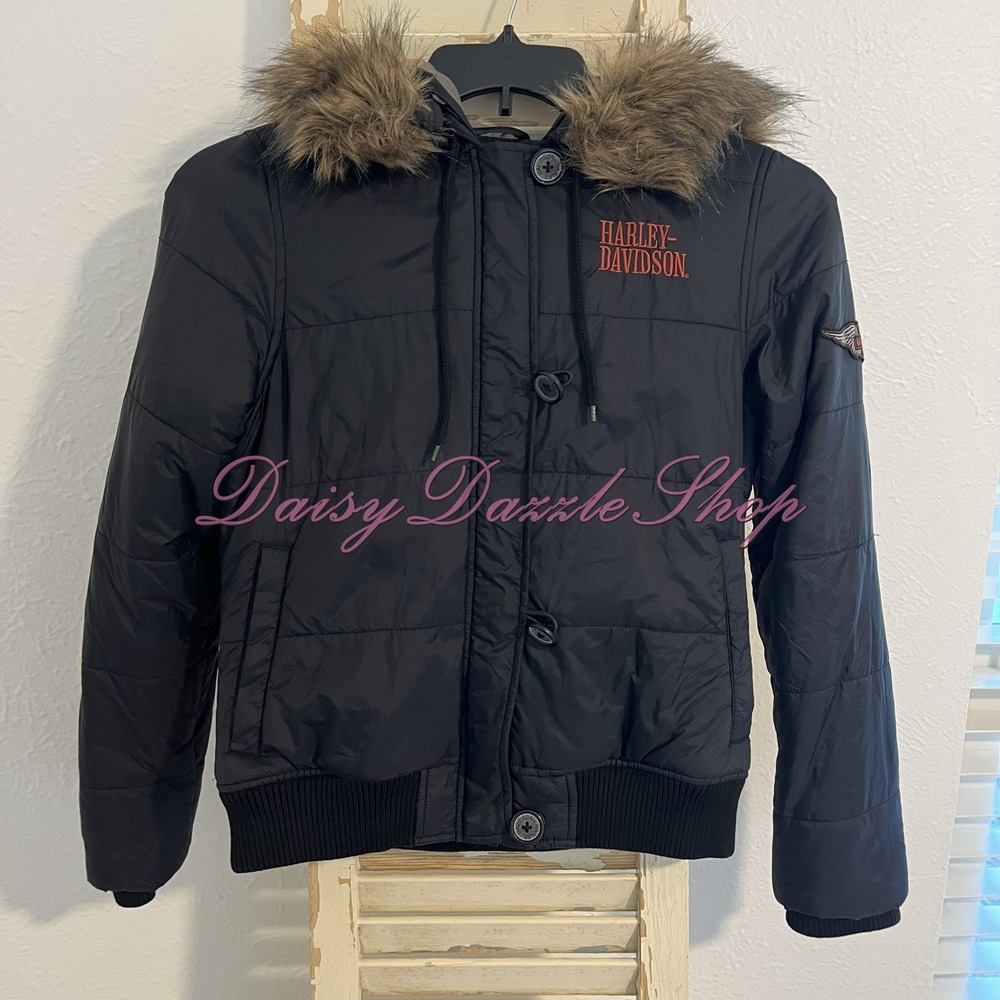 ✨Harley‎ Davidson Women's Puffer Jacket With Faux Fur Detachable Fur Size S🏍️